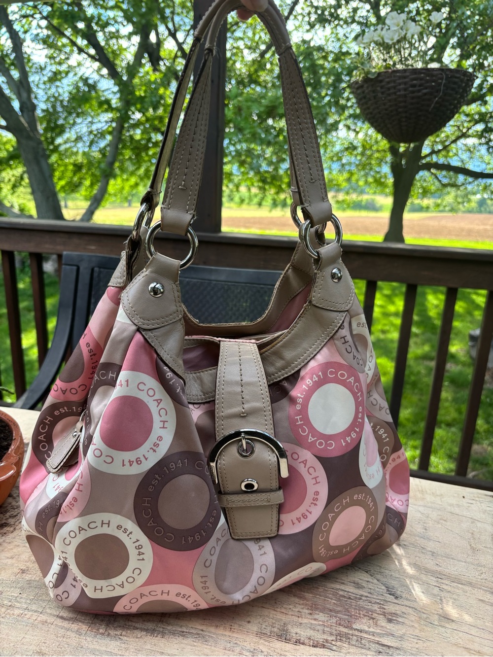 Y2k Coach Pink and Taupe Circle-Print Hobo Shoulder Bag